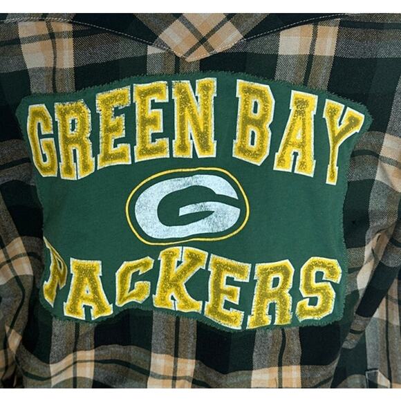 Green Bay Packers Flannel Plaid Shirt MEDIUM Oversized Unique Green Western Snap - Picture 2 of 7